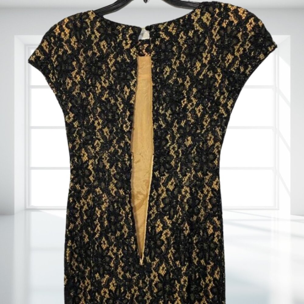 Carmen Marc Valvo Black Gold Lace Beaded Formal Dress Gown Size 6 Designer - Picture 5 of 12
